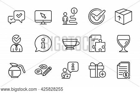 Line Icons Set. Included Icon As Wine Glass, Add Gift, Vacancy Signs. Confirmed, Internet, Coffeepot