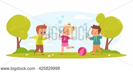 Kids Blow Bubbles. Funny Boys And Girl Play With Soap Air Balls Outdoor In Park, Childish Hobbies An