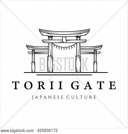 Torii Gate Line Art Vintage Minimalist Vector Logo Illustration Template Design. Japanese Culture Ic