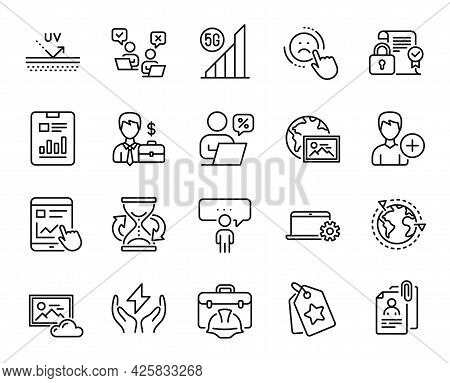 Vector Set Of Outsourcing, Internet Report And Businessman Case Line Icons Set. Photo Cloud, Loyalty