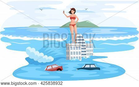 Woman Taking Selfie Stands On Roof Of Sinking House And Cars. Melting Glaciers, Global Warming, Sea 