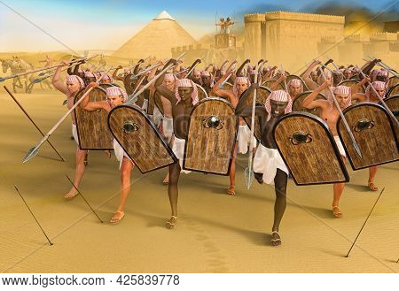 Ancient Pharaoh Spear Thrower Soldiers During A Breakout Attack From A City, Pyramids In The Backgro