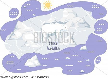 Wild Animal Living In Arctica Suffers From Climate Change. Polar Bear On Ice Floe During Glaciers Me