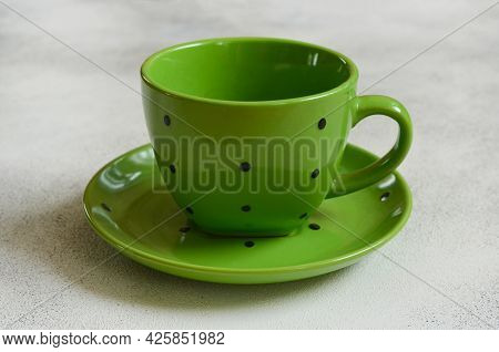 Eco Friendly Handmade Ceramic Tableware, Tea Pair, Green Cup And Sucer Polka Dot, Cutlery And Table 