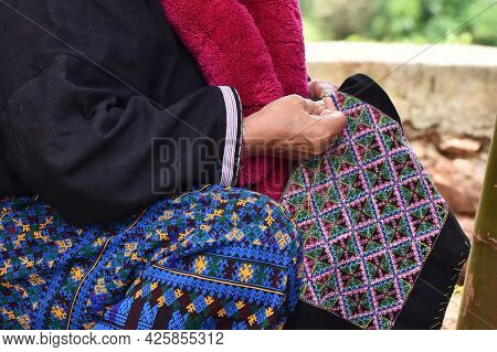 Close-up Hand Female Mien Hilltribe Embroider Pattern Colored Thread