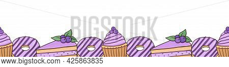 Seamless Horizontal Border With Glazed Donuts, Blueberry Cupcakes And Cakes With Berries. Vector Han