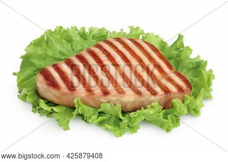 Tuna Fish Steak Grilled Isolated On White Background With Clipping Path And Full Depth Of Field