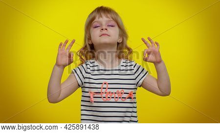 Keep Calm Down, Relax, Inner Balance. Child Kid Girl Breathes Deeply With Mudra Gesture, Eyes Closed