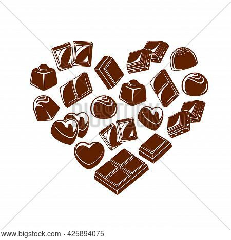 Chocolate Bar Pieces And Candies Heart. Chocolate Truffle And Bonbon With Praline And Toppings, Vect