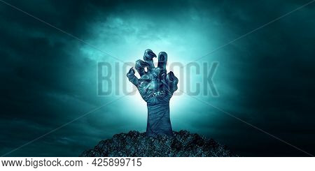 Creepy Zombie Hand Face Reaching To Grab Something Or Someone As A Monster Rising Out Of The Ground 