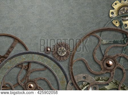 Grunge background in steampunk style. Texture of old metal with rivets, cogwheel and rusty frame. Mock up tempalte. Copy space for your text