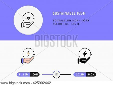 Sustainable Icons Set Editable Stroke Vector Illustration. Energy Power Resource Symbol. Icon Line S