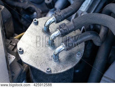 Diesel Fuel Filter In The Engine Compartment, Close-up. Fuel Cleaning