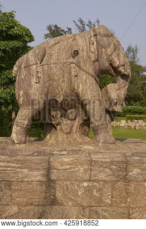 Statue Of A War Elephant At The Ancient Surya Hindu Temple At Konark Orissa India. 13th Century Ad