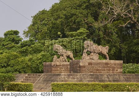 Statue Of War Horses At The Ancient Surya Hindu Temple At Konark Orissa India. 13th Century Ad