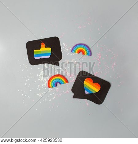 Happy Pride Month Banner For Lgbt Rights Or Social Issues Event. Colorful Rainbow Heart And Thumb Up