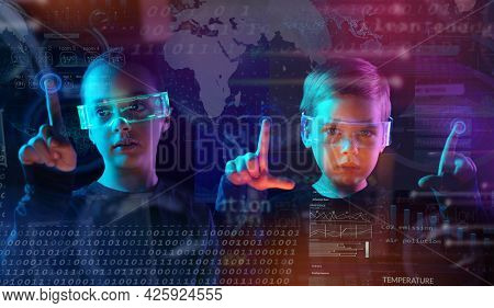Little boy with his sister controlling digital environment. Future, mind controlling, digital interface concept.