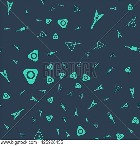 Set Triangle, Electric Bass Guitar, Guitar Pick And Audio Jack On Seamless Pattern. Vector