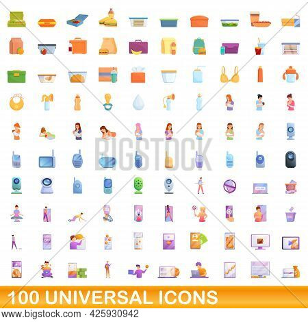 100 Universal Icons Set. Cartoon Illustration Of 100 Universal Icons Vector Set Isolated On White Ba
