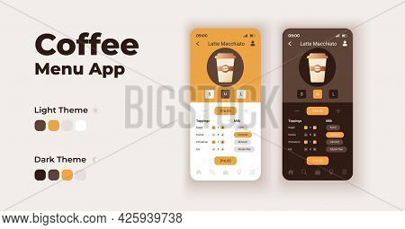 Coffee Menu Cartoon Smartphone Interface Vector Templates Set. Mobile App Screen Page Night And Day 