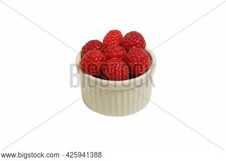 Fresh Ripe Raspberries In A White Bowl On White Background, Isolated, Vitamin.