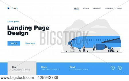 Plane Service Isolated Flat Vector Illustration. Cartoon Mechanics Repairing Airplane Before Flight 