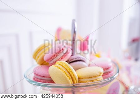 French Macaroons On A Cake Stand .candy Bar With Macaron, Cakes, Cheesecakes, Cake Pops.colorful Mac