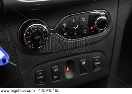 Novosibirsk, Russia - June 29, 2021: Renault Logan Stepway, Interior With Visible Climate Controls, 