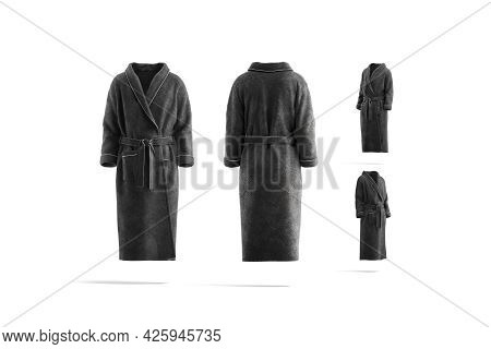 Blank Black Hotel Bathrobe Mock Up, Different Views, 3d Rendering. Empty Fleece Wraparound Terry Moc