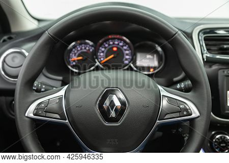 Novosibirsk, Russia - June 29, 2021: Renault Logan Stepway, Dashboard, Player, Steering Wheel With L