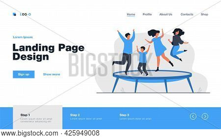 Happy Friends Jumping On Trampoline Flat Vector Illustration. Cartoon People Having Fun And Bouncing
