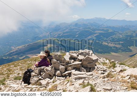 Monte Vettore - July 5, 2021: Panoramic View Of The Summit Of Monte Vettore In The National Park Of 