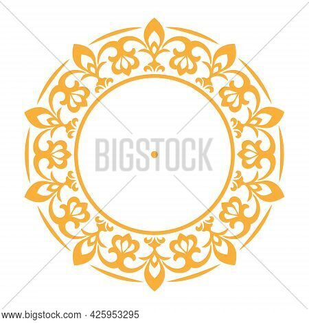 Template For A Decorative Frame With A Place For Text. Golden Round Openwork Ornament For Invitation