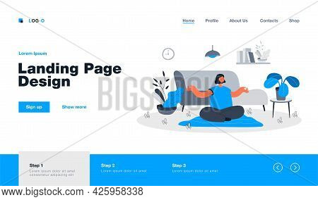 Peaceful Woman Doing Yoga At Home Flat Vector Illustration. Cartoon Calm Female Character Sitting In