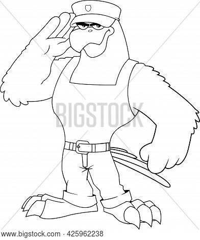 Outlined Strong Eagle Soldier Cartoon Character Salute. Raster Hand Drawn Illustration Isolated On T