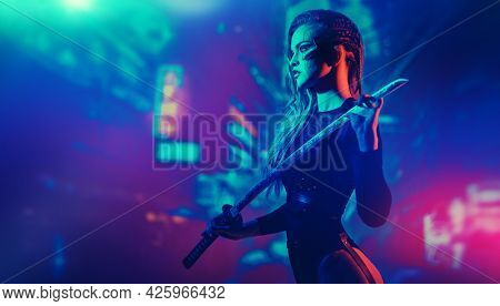 A beautiful and brave sci-fi cyborg samurai girl stands with a sword in her hands against the backdrop of the night city of the future. Game, virtual reality.