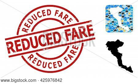 Weather Collage Map Of Corfu Island, And Scratched Red Round Reduced Fare Seal. Geographic Vector Co