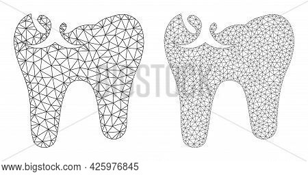 Polygonal Vector Tooth Caries Icons. Mesh Carcass Tooth Caries Images In Low Poly Style With Structu