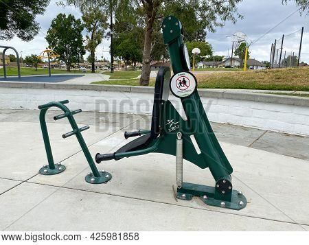 Outdoor Fitness Equipment In A Public Park. Free Exercise Equipment, June 16th, 2021, Placentia, Cal
