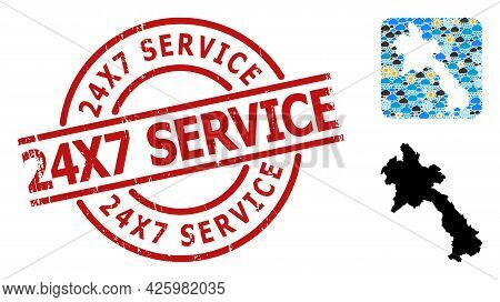Weather Pattern Map Of Laos, And Grunge Red Round 24x7 Service Seal. Geographic Vector Mosaic Map Of