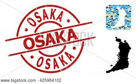 Climate Mosaic Map Of Osaka Prefecture, And Scratched Red Round Osaka Stamp. Geographic Vector Mosai