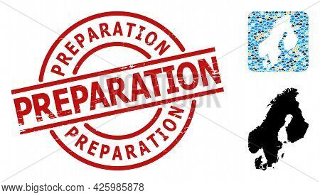 Climate Mosaic Map Of Scandinavia, And Textured Red Round Preparation Seal. Geographic Vector Compos