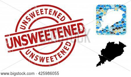 Weather Collage Map Of Odisha State, And Scratched Red Round Unsweetened Badge. Geographic Vector Co