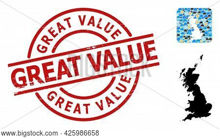 Weather Mosaic Map Of Great Britain, And Rubber Red Round Great Value Badge. Geographic Vector Mosai