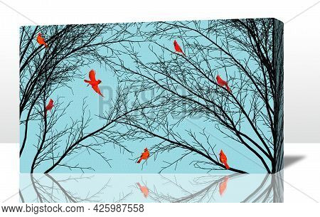 Bright Red Cardinal Birds Are Seen On Black Tree Branches In Winter And Are On A Stretched Canvas 3-