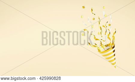 Golden Party Popper With Flying Confetti 3d Render Illustration.