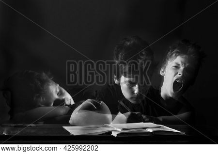 Tired Boy Does His Homework, Multi-exposure, Double Exposure. Concept Childhood, Psychology, Learnin