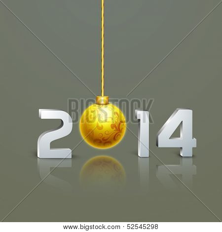Happy New Year 2014 and Merry Christmas celebration party poster, banner or flyer design with glossy text and golden Xmas ball. 