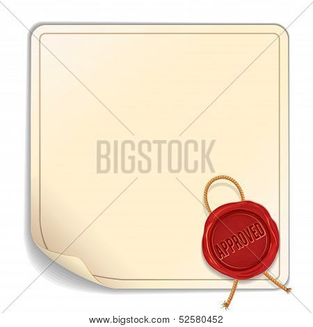 Paper Sheet with Red Wax Seal - Approved. Vector