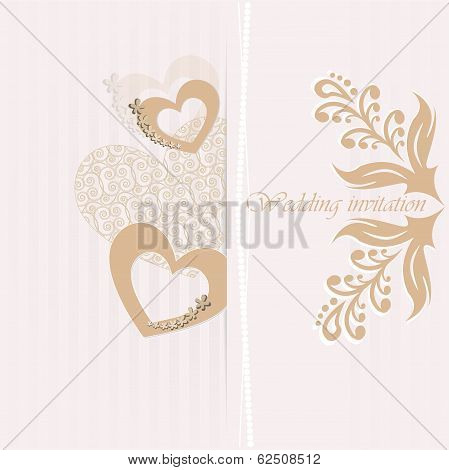 Wedding invitation card with decorative hearts.